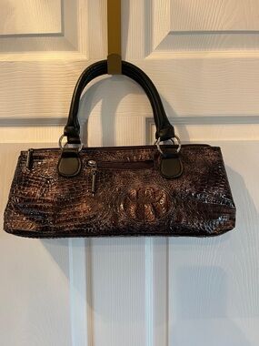Dark Brown Croc-Embossed Leather Wine Carrier/Satchel Handbag